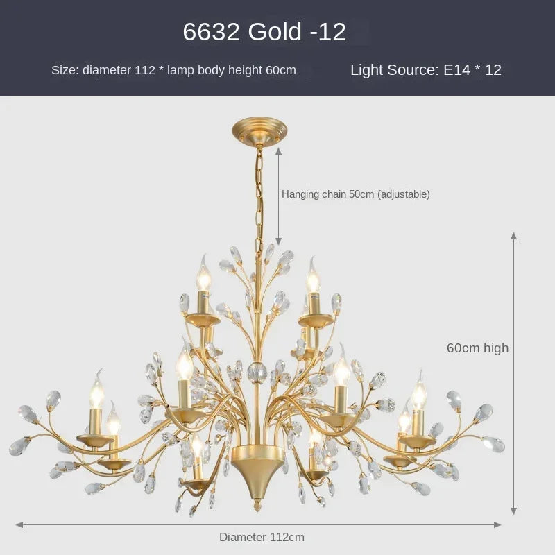Gold chandelier with crystal accents, dimensions, and light source information on a white background.