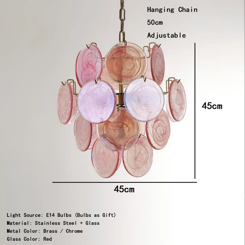 Pink chandelier with measurements on a white background