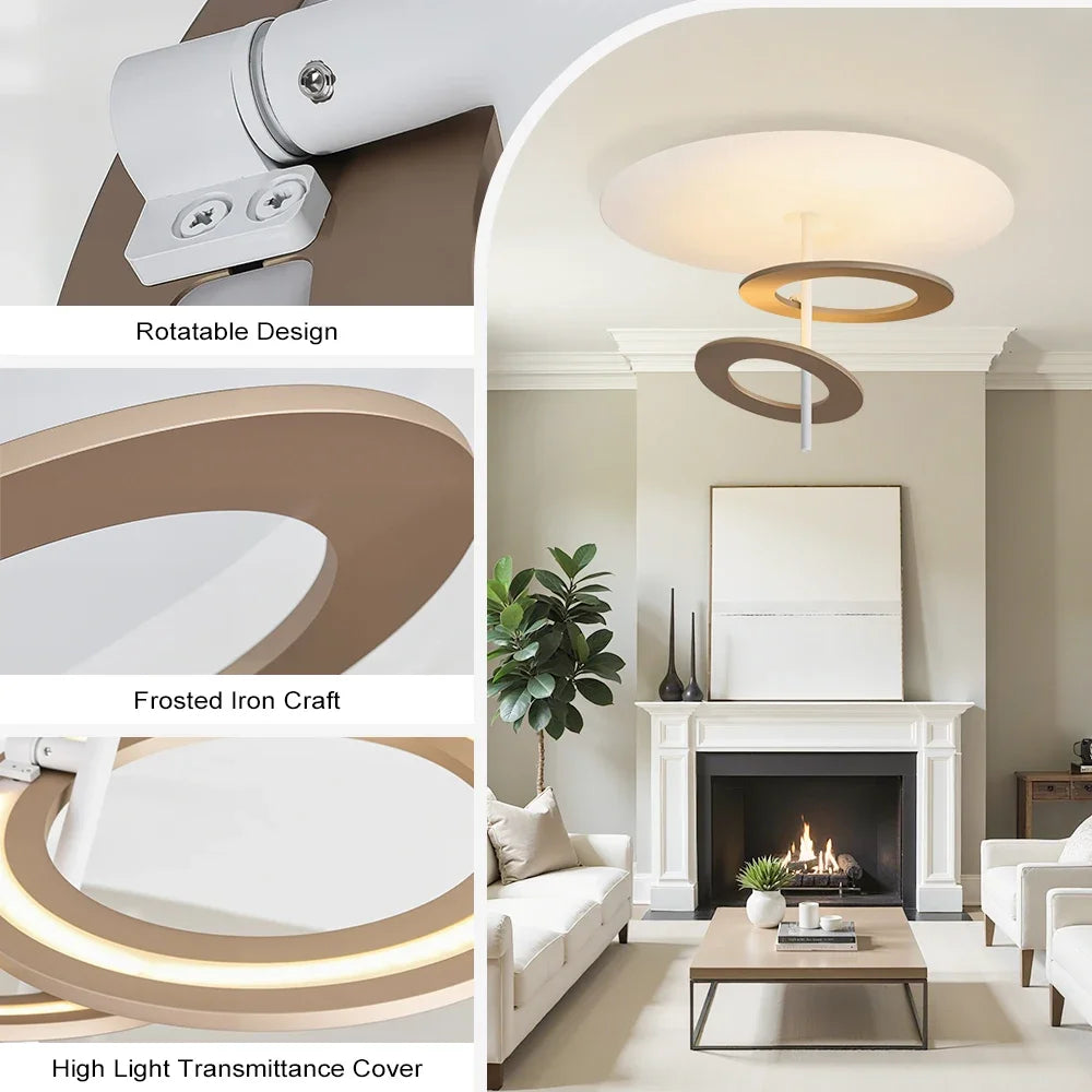 Modern ceiling light fixture with rotatable design, frosted iron craft, and high light transmittance cover in a living room setting.