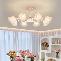 A different angle of the gold floral semi-flush mount chandelier, highlighting its overall structure.