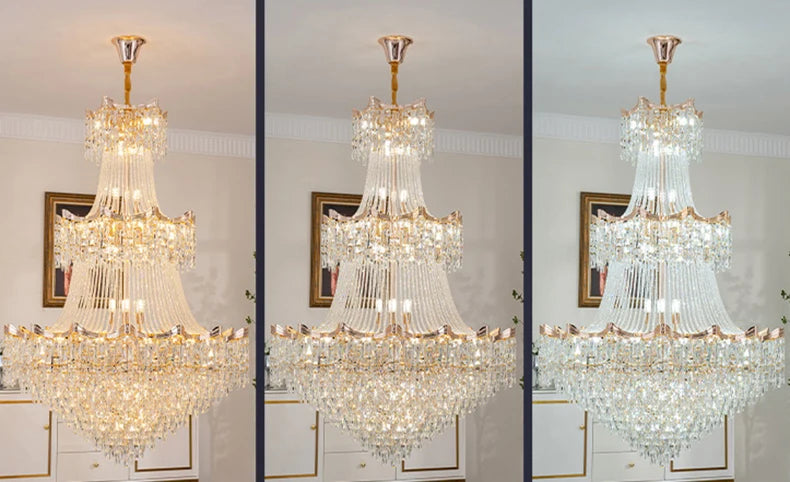 Triple reflection of a crystal chandelier in a mirror.