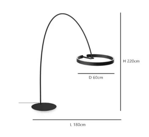 Black floor lamp with dimensions on a white background
