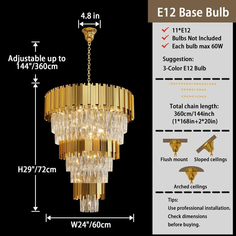 Gold chandelier with dimensions and bulb information on a black background
