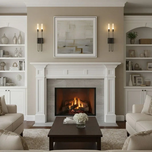 Two gold metal wall sconces with curved arms and frosted acrylic shades flank a fireplace, providing ambient light.