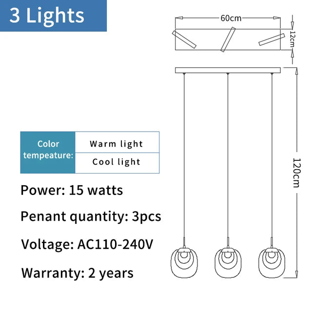 Technical drawing of a pendant light fixture with dimensions, power details, and color temperature options.