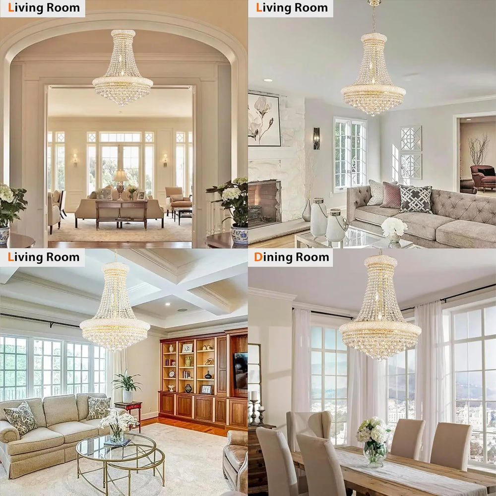 Collage of chandelier images in living room and dining room settings.
