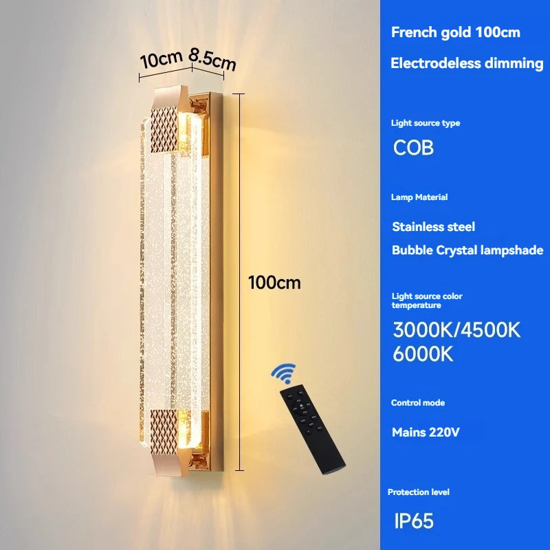 Wall-mounted light fixture with remote control, dimensions, and technical specifications on a blue background.