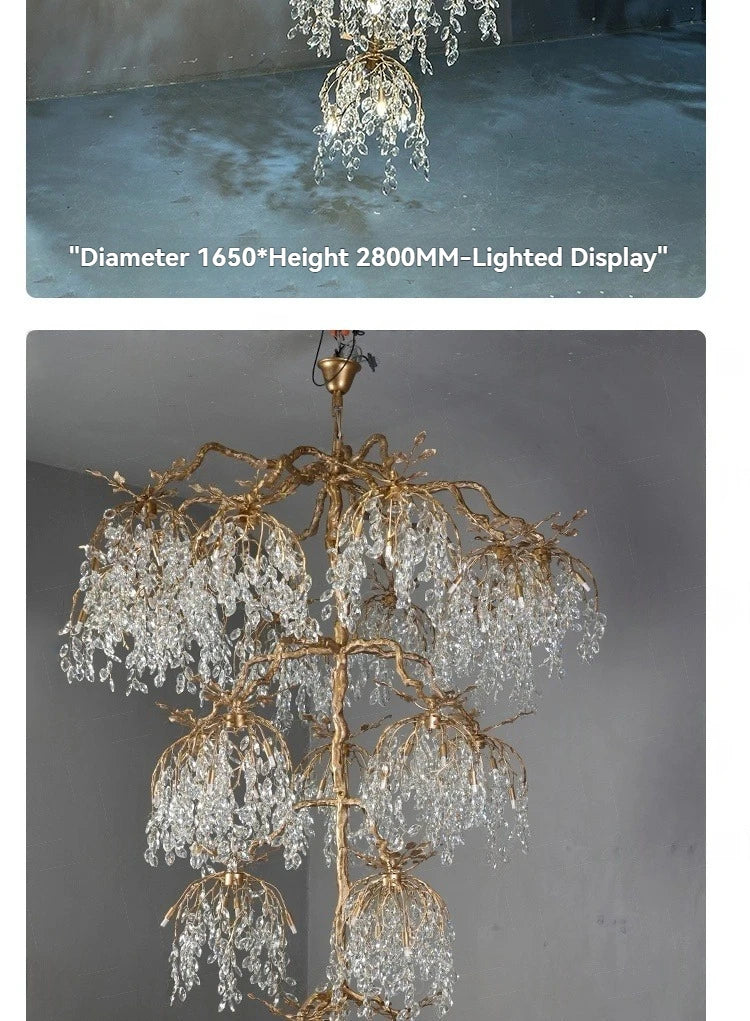 Large chandelier with crystal details on a gray background, labeled with dimensions.