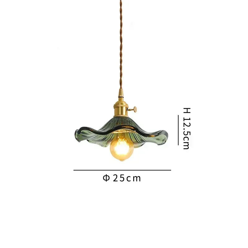Pendant light with green glass shade and gold fixture, featuring dimensions on a white background.