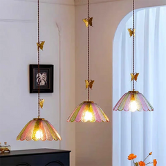 Gold Butterfly Glass Pendant Light with Multi-Color Scalloped Shade