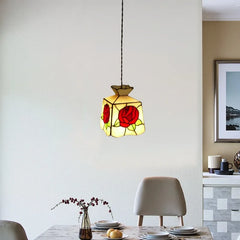 A square glass pendant light with a red rose design and a plated finish.