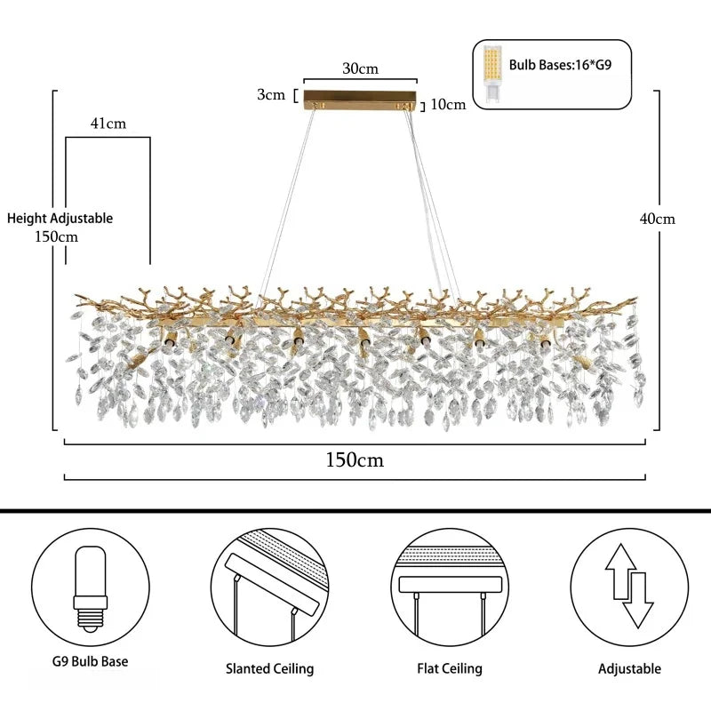 Chandelier dimensions and features diagram with measurements and bulb base information.