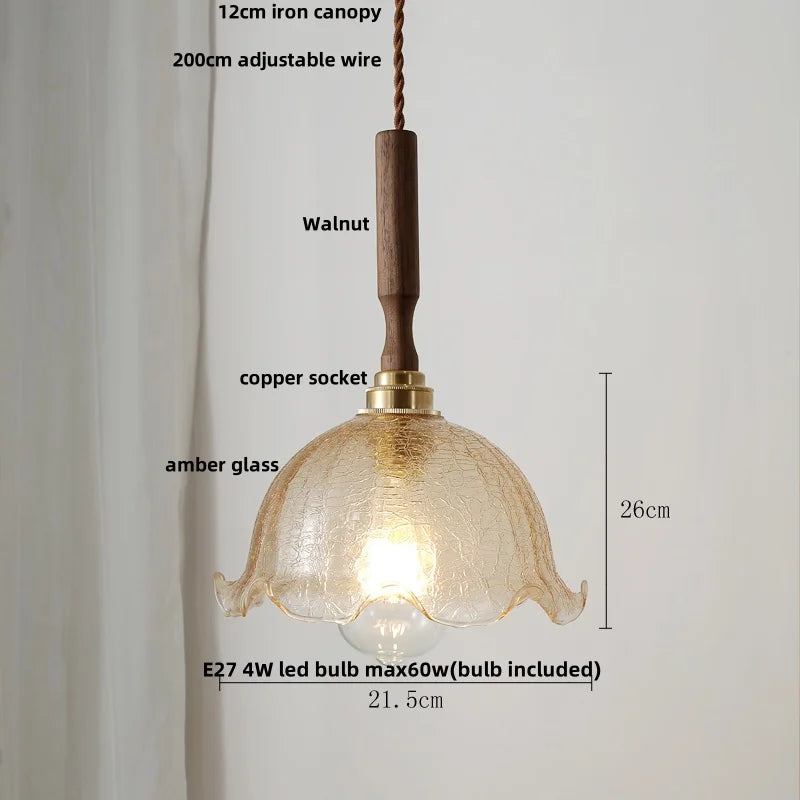 Pendant light with labeled parts and dimensions on a white background