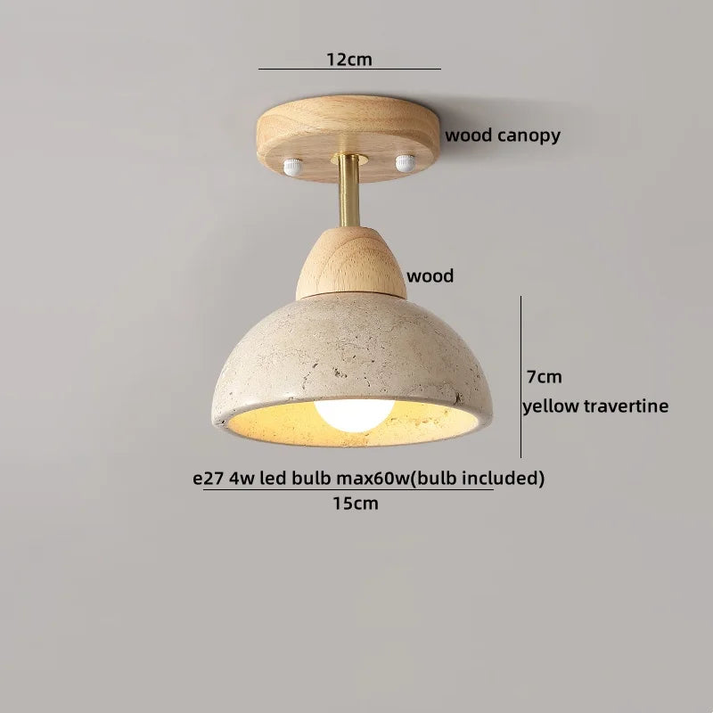 Ceiling light fixture with wooden canopy and concrete shade, labeled with dimensions and bulb information.