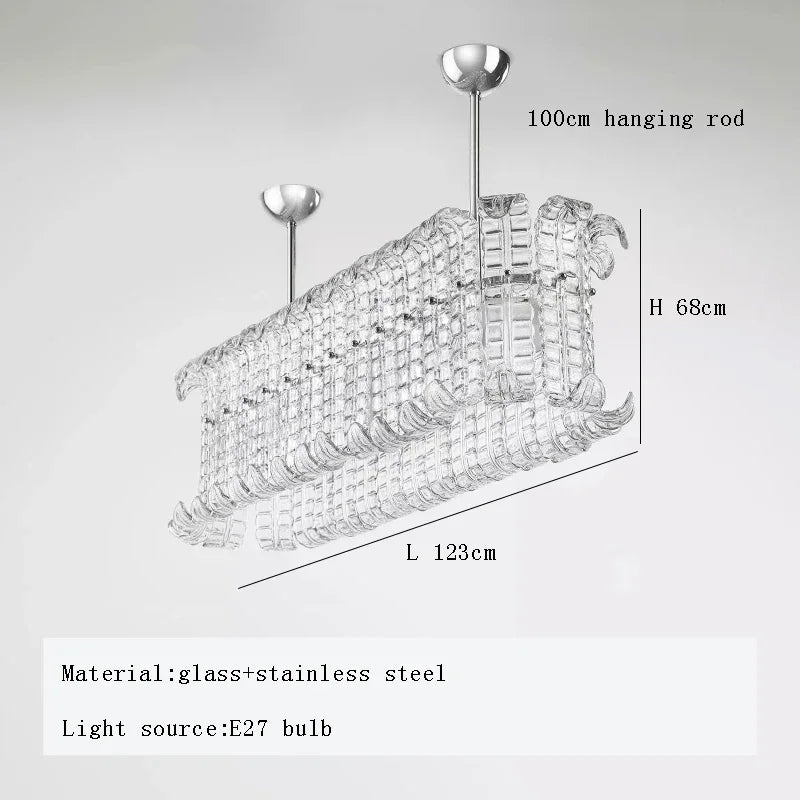 Crystal chandelier with dimensions and material details on a white background