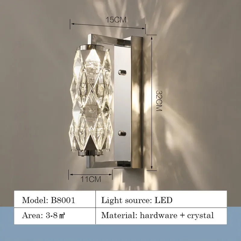 Wall-mounted light fixture with dimensions and product details on a gray background
