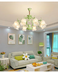 Green floral tulip semi-flush ceiling light installed in a living room with contemporary decor