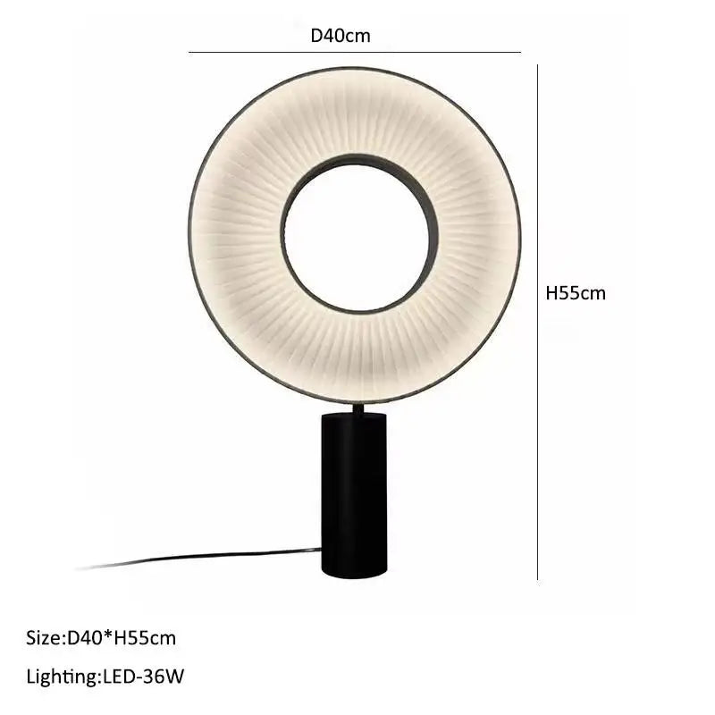 Modern table lamp with dimensions and LED lighting details on a white background