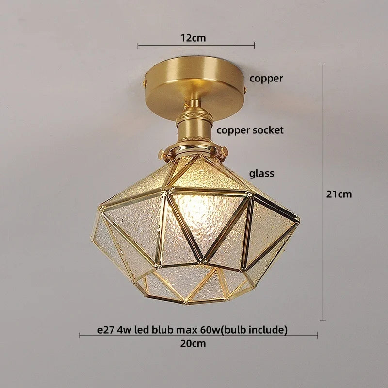 Gold ceiling light fixture with geometric design, labeled parts, and dimensions on a gray background.