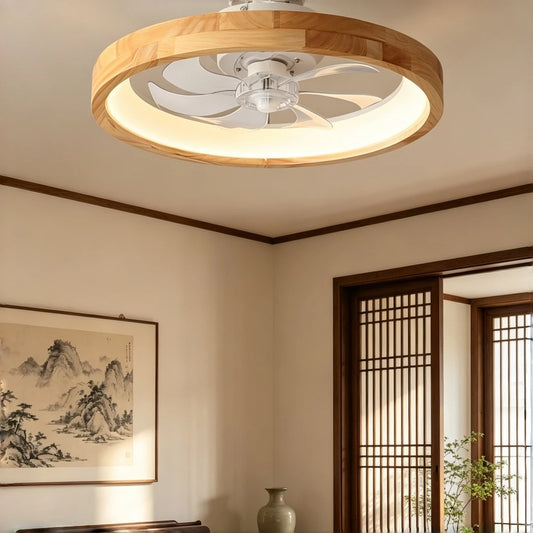 Ceiling fan light with a natural wood frame and white fan, installed in a room with a traditional landscape painting and wooden sliding doors.