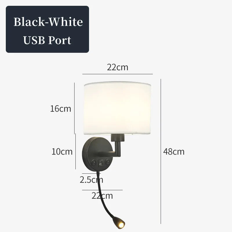 Wall lamp with USB port and dimensions on a white background