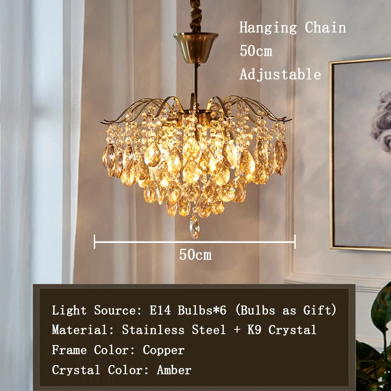 Chandelier with crystal details and measurement information on a neutral background
