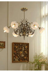 Brass Floral Chandelier with Rose Buds and Frosted Glass Bell Shades