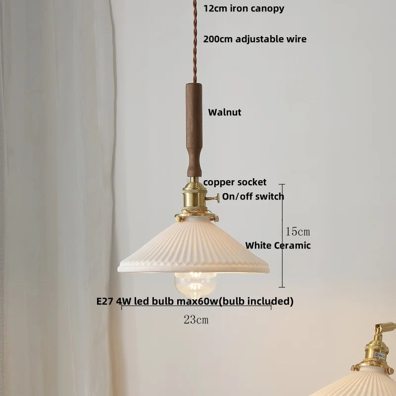 Pendant light with labeled parts and dimensions on a white background