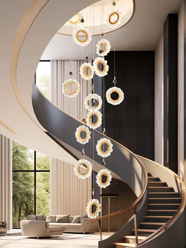 Modern staircase with decorative ceiling lights in a stylish interior setting.