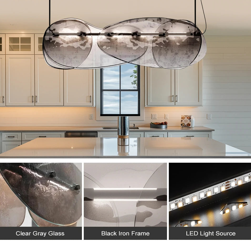 Modern pendant light fixture in a kitchen setting with close-up details.