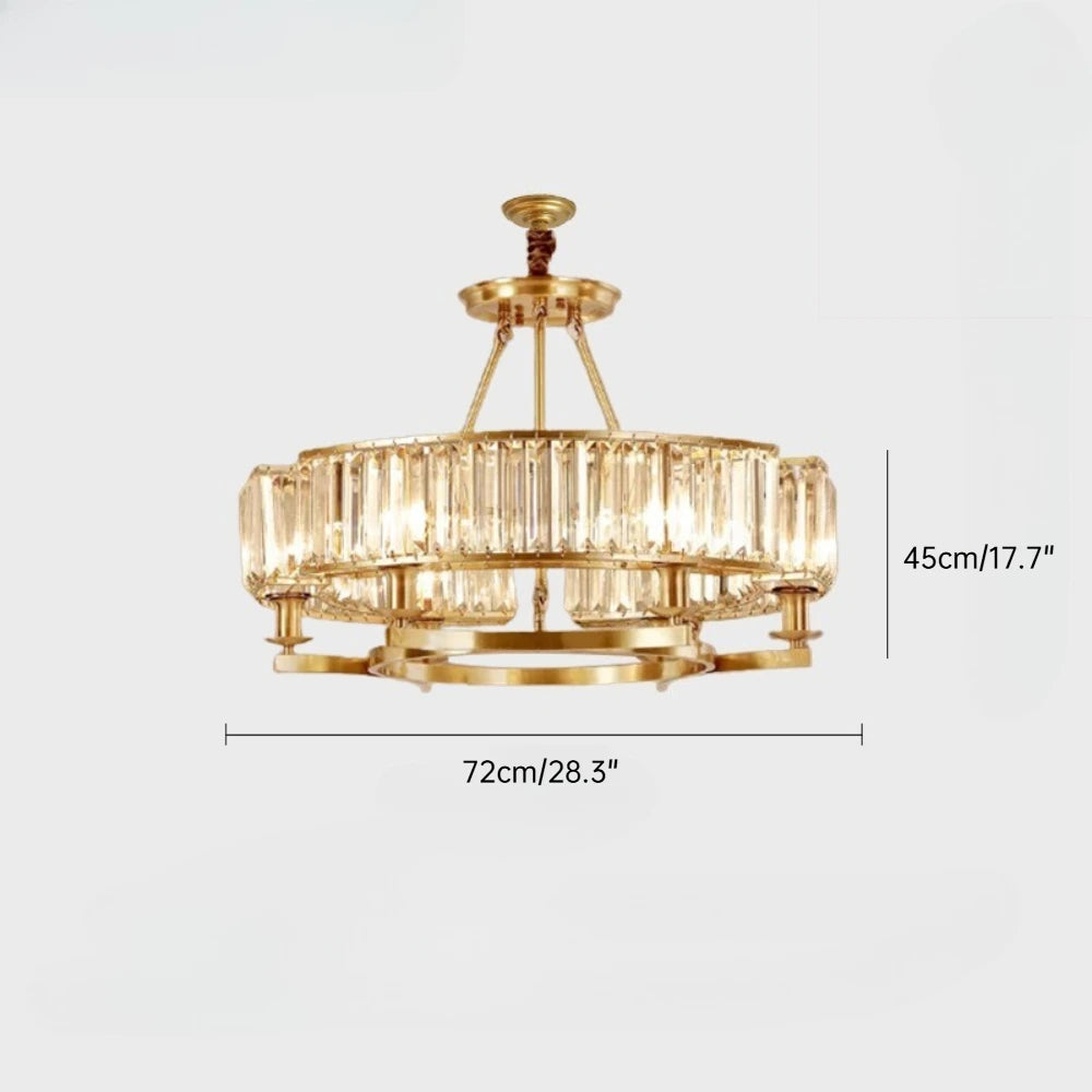 Gold chandelier with measurements on a white background