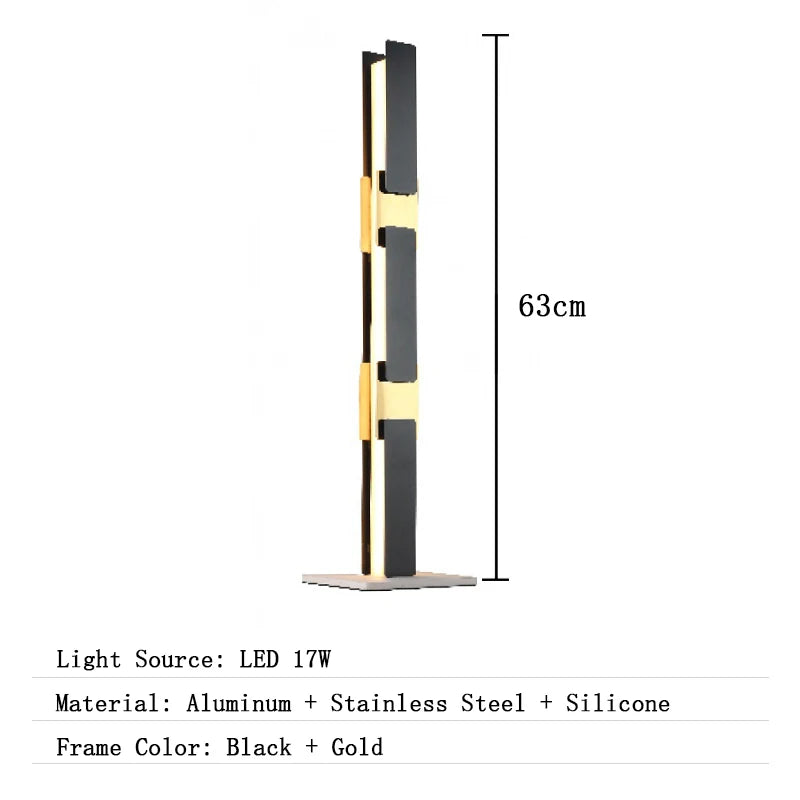 Modern floor lamp with dimensions and material details on a white background