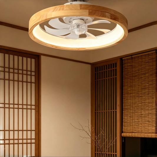 Ceiling fan light with a round wooden frame and white fan blades, illuminated by a warm LED light, shown in a room with Japanese-inspired sliding doors.