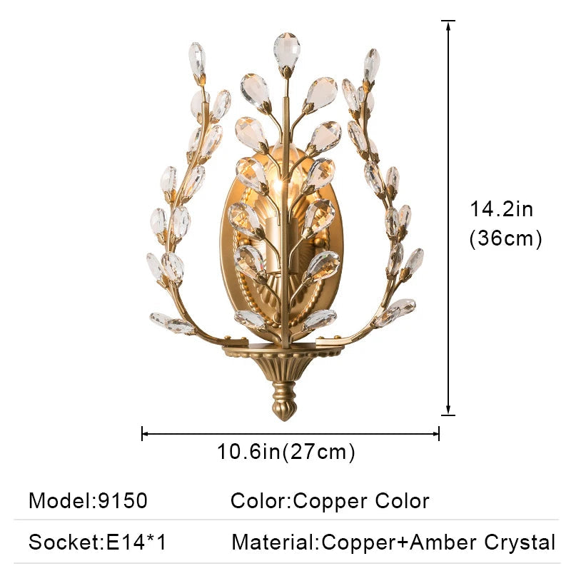 Decorative wall sconce with crystal accents and dimensions on a white background
