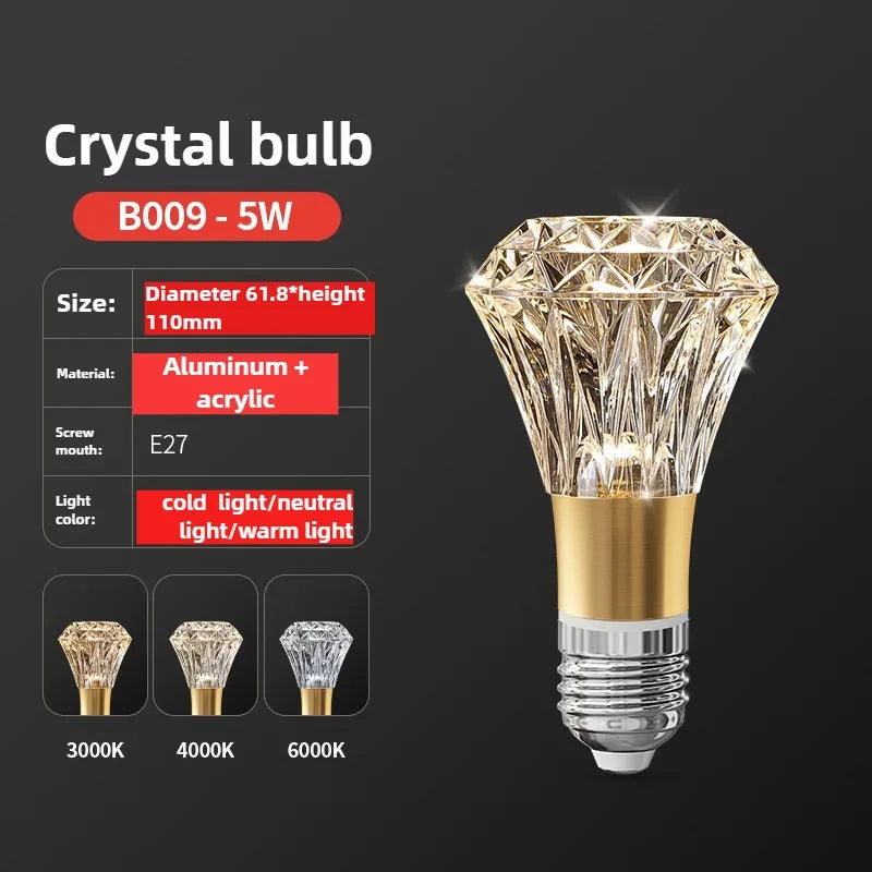 Crystal bulb with specifications on a dark background