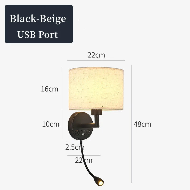 Wall lamp with USB port and dimensions on a white background