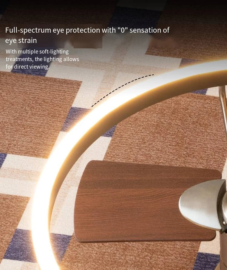 Light fixture on a patterned surface with text about eye protection and lighting.