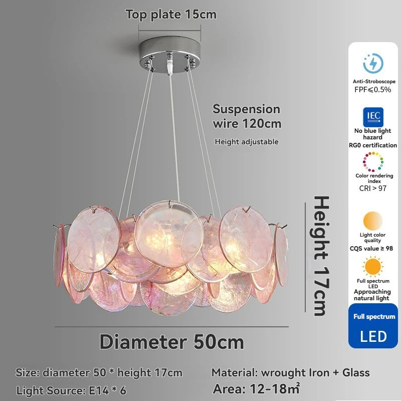 Chandelier with dimensions and features on a gray background