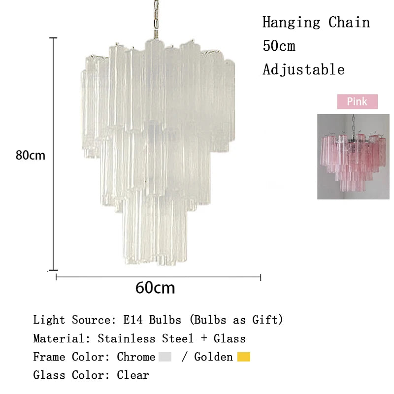 Chandelier with dimensions and material details on a white background