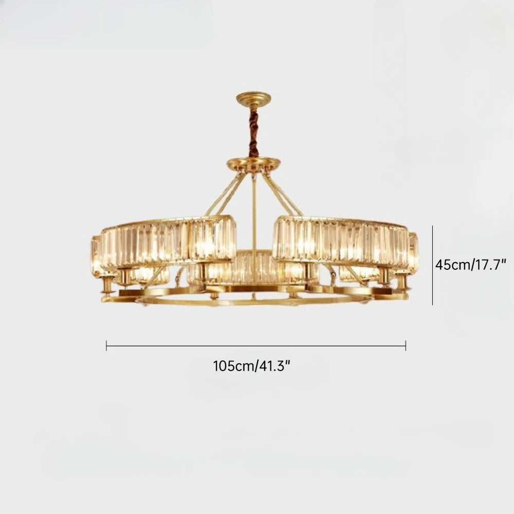 Gold chandelier with dimensions on a white background