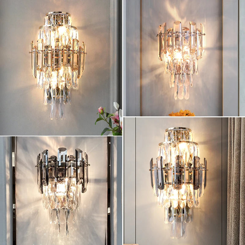 Collage of crystal wall sconces in various poses on a neutral background