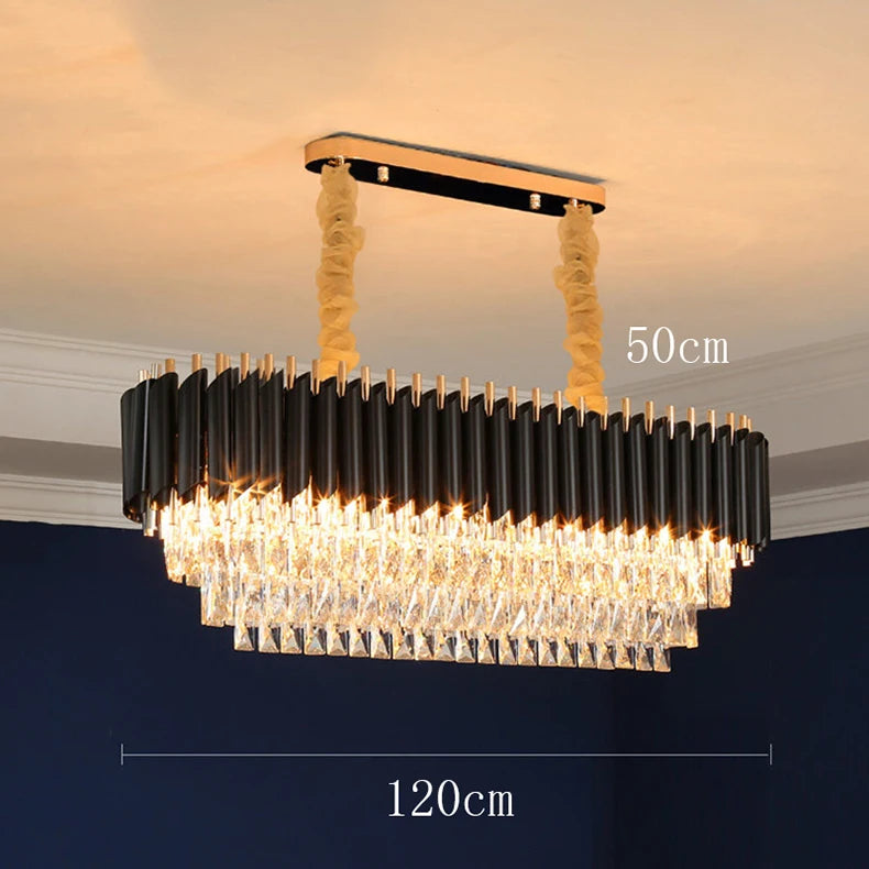 Modern chandelier with dimensions indicated on a neutral background