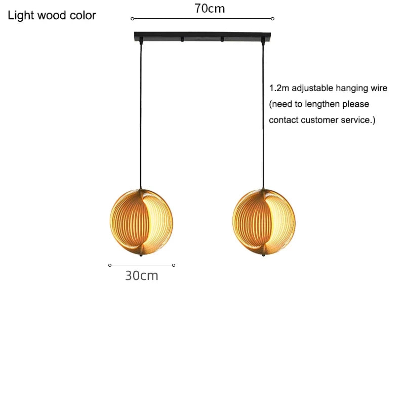 Light wood color pendant lamp with dimensions and hanging wire details on a white background