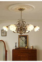 Brass Floral Chandelier with Rose Buds and Frosted Glass Bell Shades