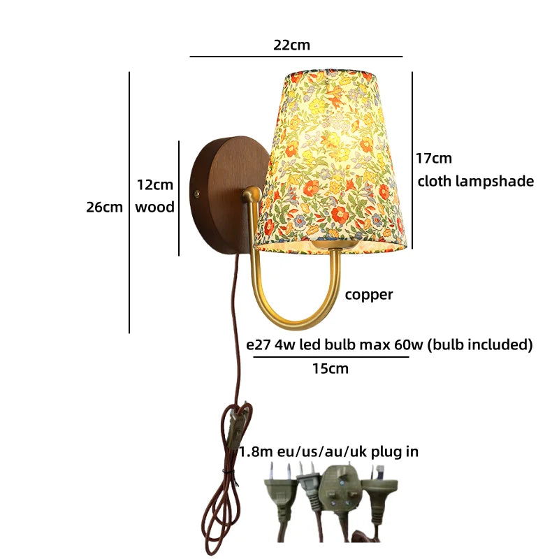 Wall-mounted lamp with floral lampshade and measurements on a white background