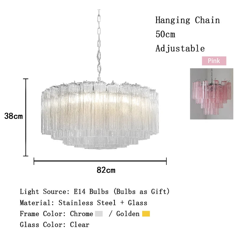 Chandelier with dimensions and material details on a white background