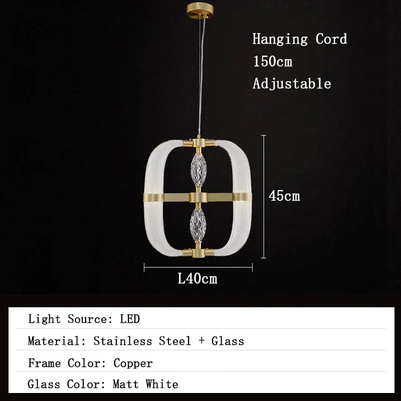 Pendant light with dimensions and material details on a black background