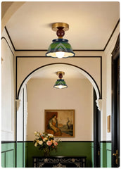 Green Ceramic Bell Pendant Light Hand Painted Floral Design