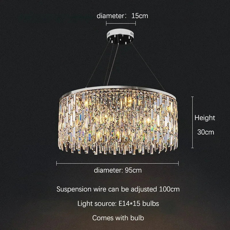 Chandelier with dimensions and bulb information on a dark background