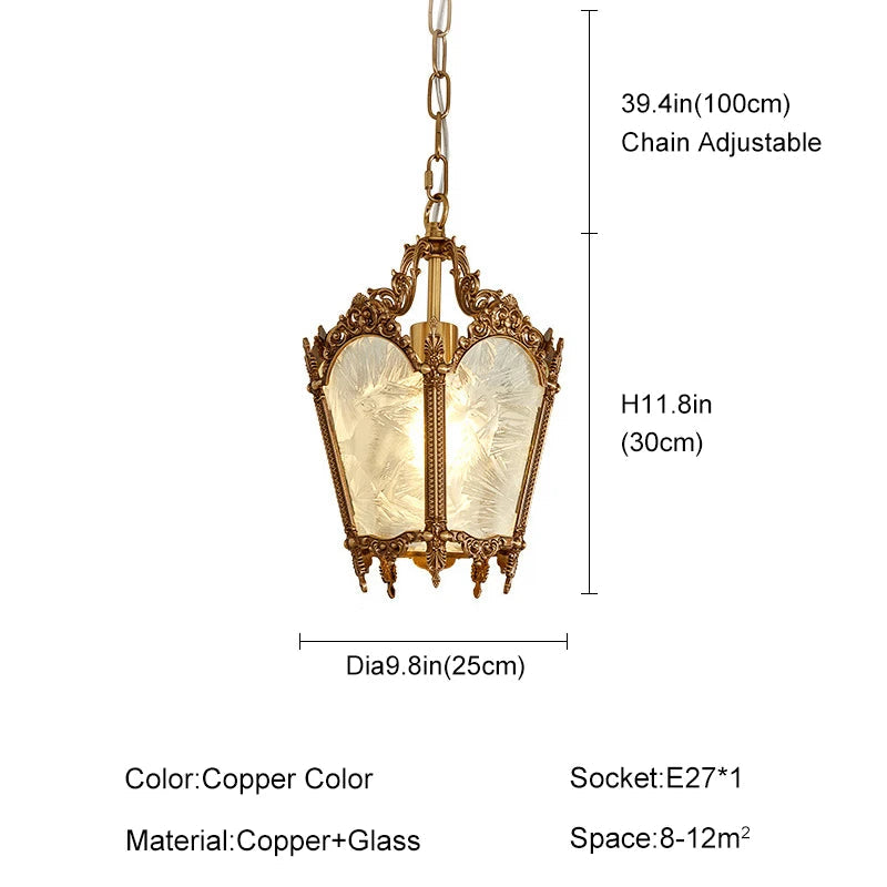Decorative pendant light with dimensions and specifications on a white background